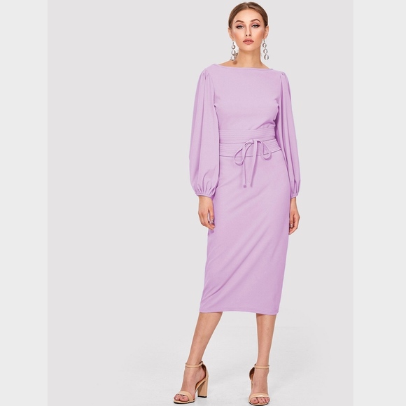 Lavender Bishop Sleeve Belted Midi Pencil Dress - Picture 2 of 7